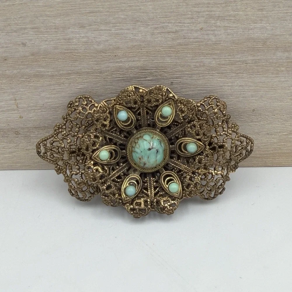 Vtg Brass Gold Tone Filigree Bow Tie Brooch / Pin Gilt Turquoise Stone Accent